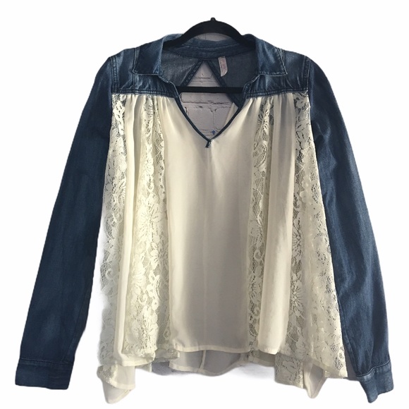 Free People Ivory Sheer Chiffon Lace Denim Blouse - Picture 3 of 8